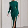 Miley | Bottle Green Long-Sleeved Open-Back Wrap Maxi Dress -Dress Shop WB CC CL130011047 MileyBottleGreenLong SleevedOpen BackWrapMaxiDress1