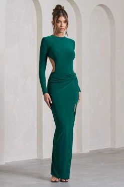 Miley | Bottle Green Long-Sleeved Open-Back Wrap Maxi Dress 10 Miley | Bottle Green Long-Sleeved Open-Back Wrap Maxi Dress -Dress Shop WB CC CL130011047 MileyBottleGreenLong SleevedOpen BackWrapMaxiDress3