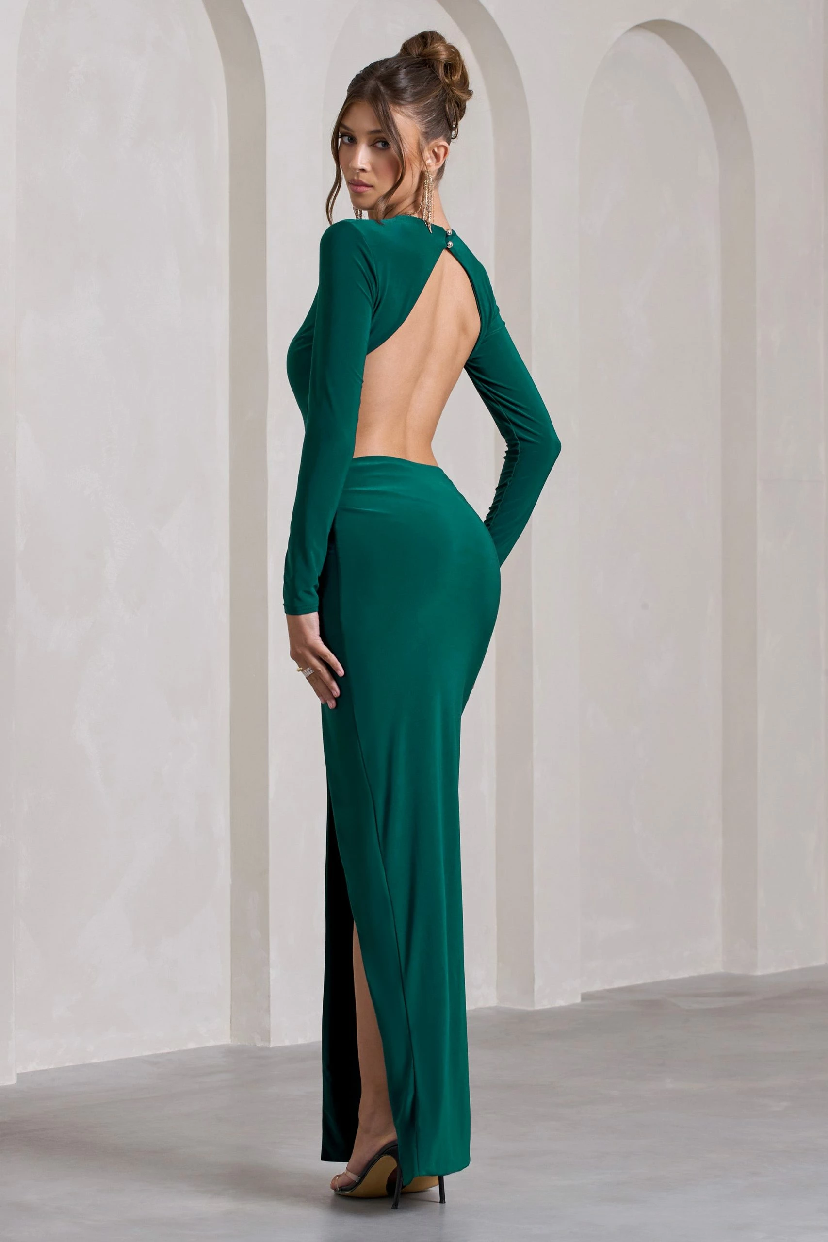 Miley | Bottle Green Long-Sleeved Open-Back Wrap Maxi Dress 4 Miley | Bottle Green Long-Sleeved Open-Back Wrap Maxi Dress - Image 2