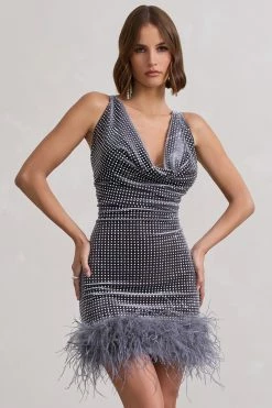 Mirror Me | Silver Velvet Embellished Cowl-Neck Mini Dress With Feather Trim -Dress Shop WB CC CL133034013 MirrorMeSilverVelvetEmbellishedCowl NeckMiniDressWithFeatherTrim2