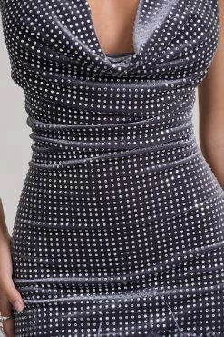 Mirror Me | Silver Velvet Embellished Cowl-Neck Mini Dress With Feather Trim -Dress Shop WB CC CL133034013 MirrorMeSilverVelvetEmbellishedCowl NeckMiniDressWithFeatherTrim7