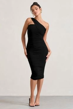 Contour | Black One Shoulder Bodycon Midi Dress -Dress Shop WB CC HR 126710 Contour BlackOneShoulderBodyconMidiDress0