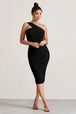 Contour | Black One Shoulder Bodycon Midi Dress