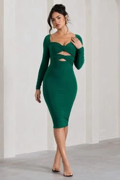 Dress Shop 59 Going Places | Bottle Green Double Twist Front Long Sleeve Midi Dress