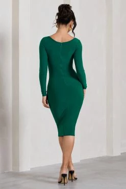 Dress Shop -Dress Shop WB CC HR CL126673047 GoingPlacesBottleGreenDoubleTwistFrontLongSleeveMidiDress6