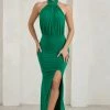 Forever Dreaming | Green Halterneck Ruched Split Maxi Dress -Dress Shop WB CC HR CL126728 ForeverDreamingGreenHalterneckRuchedSplitMaxiDress1
