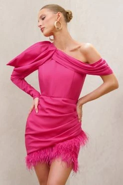 RSVP | Hot Pink Asymmetric Volume Sleeve Draped Feather Mini Dress -Dress Shop WB CC HR CL126763 RSVP HotPinkAsymmetricVolumeSleeveDrapedFeatherMiniDress1