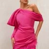 RSVP | Hot Pink Asymmetric Volume Sleeve Draped Feather Mini Dress -Dress Shop WB CC HR CL126763 RSVP HotPinkAsymmetricVolumeSleeveDrapedFeatherMiniDress4