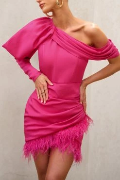 RSVP | Hot Pink Asymmetric Volume Sleeve Draped Feather Mini Dress -Dress Shop WB CC HR CL126763 RSVP HotPinkAsymmetricVolumeSleeveDrapedFeatherMiniDress6