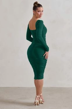Dress Shop -Dress Shop WB CC HR CL127075 SeductressBottleGreenLongSleeveSquareNeckRuchedMidiDress5