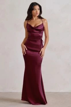 Lifetime | Burgundy Satin Cowl Neck Maxi Dress With Cross Back Detail -Dress Shop WB CC HR CL127192 LifetimeBurgundySatinCowlNeckMaxiDressWithCrossBackDetail4 bcc745aa 05cc 487b a30b 7dc0bc005b9c
