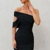 Doha | Black Asymmetric Neck Off The Shoulder Ruched Mini Dress