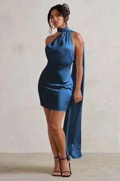 Nasira | Navy Asymmetric Neck Open Back Mini Dress With Scarf Detail 9 Nasira | Navy Asymmetric Neck Open Back Mini Dress With Scarf Detail -Dress Shop WB CC HR CL127656015 NasiraNavyAsymmetricNeckMiniDressWithScarfDetail2