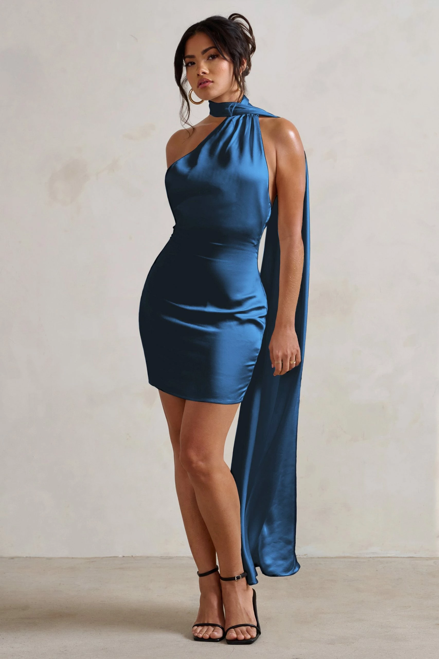 Nasira | Navy Asymmetric Neck Open Back Mini Dress With Scarf Detail 6 Nasira | Navy Asymmetric Neck Open Back Mini Dress With Scarf Detail - Image 4