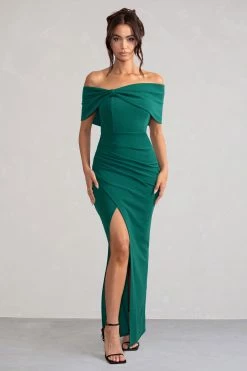 Eva | Green Bardot Bow Detail Maxi Dress With Thigh Split -Dress Shop WB CC HR CL127770 EvaBottleGreenBardotBowDetailMaxiDressWithThighSplit0