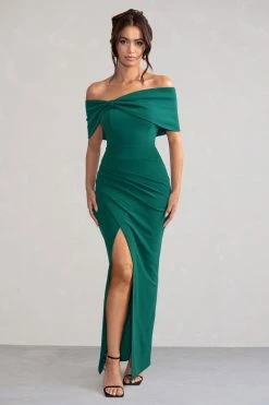 Eva | Green Bardot Bow Detail Maxi Dress With Thigh Split -Dress Shop WB CC HR CL127770 EvaBottleGreenBardotBowDetailMaxiDressWithThighSplit1