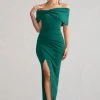 Eva | Green Bardot Bow Detail Maxi Dress With Thigh Split -Dress Shop WB CC HR CL127770 EvaBottleGreenBardotBowDetailMaxiDressWithThighSplit2