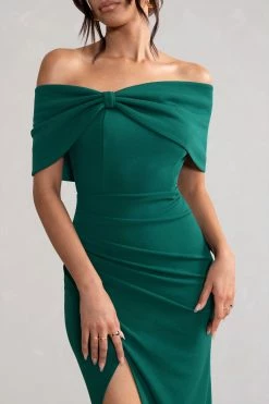 Eva | Green Bardot Bow Detail Maxi Dress With Thigh Split -Dress Shop WB CC HR CL127770 EvaBottleGreenBardotBowDetailMaxiDressWithThighSplit3