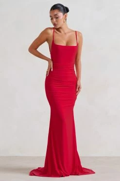 Adele | Red Ruched Fishtail Cami Maxi Dress -Dress Shop WB CC HR CL128390 AdeleRedRuchedFishtailCamiMaxiDress1