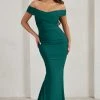 Apolline | Bottle Green Off The Shoulder Ruched Fishtail Maxi Dress -Dress Shop WB CC HR CL128394 ApollineBottleGreenOffTheShoulderRuchedFishtailMaxiDress0