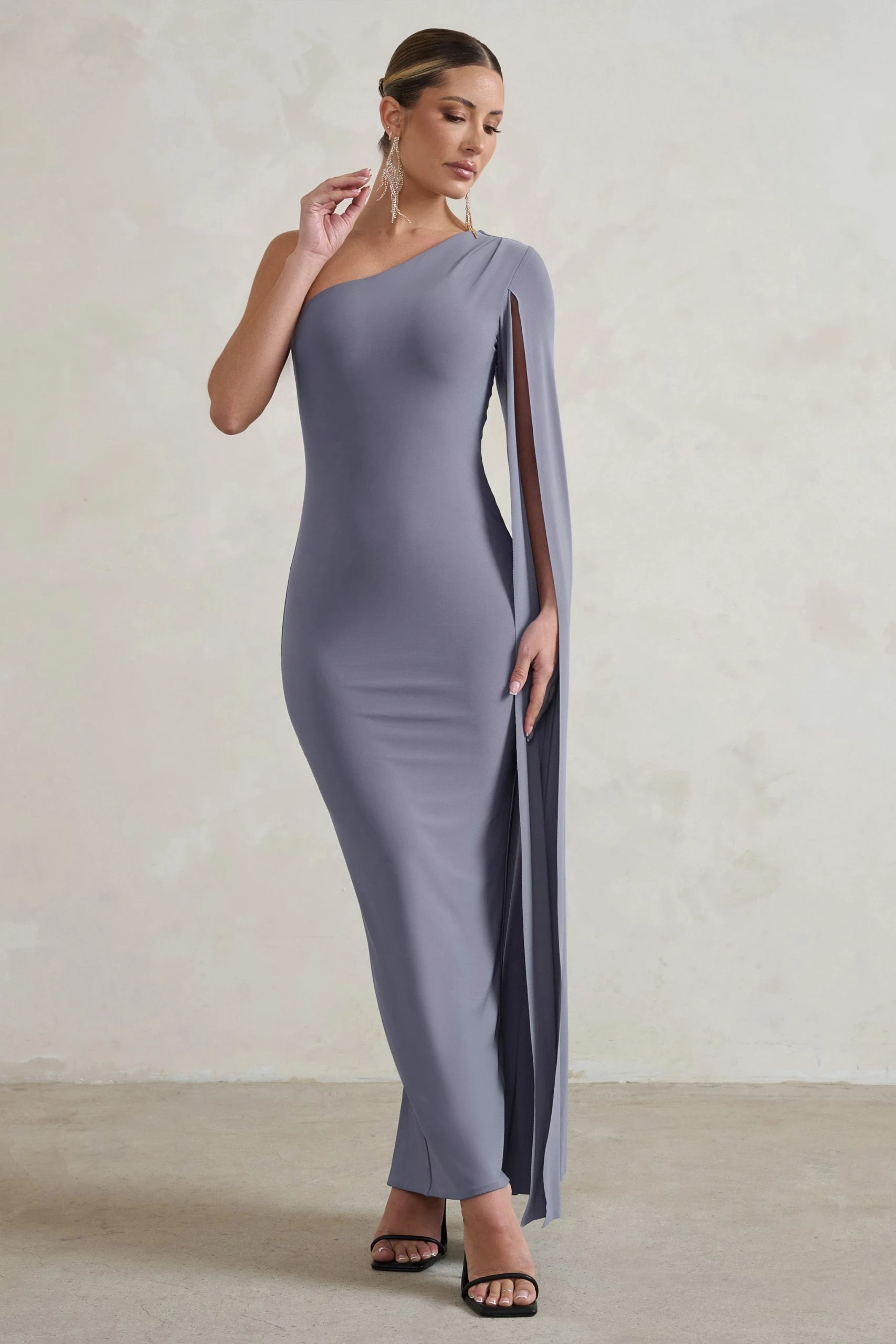 Dominique | Grey One Shoulder Cape Sleeve Bodycon Maxi Dress 6 Dominique | Grey One Shoulder Cape Sleeve Bodycon Maxi Dress - Image 4