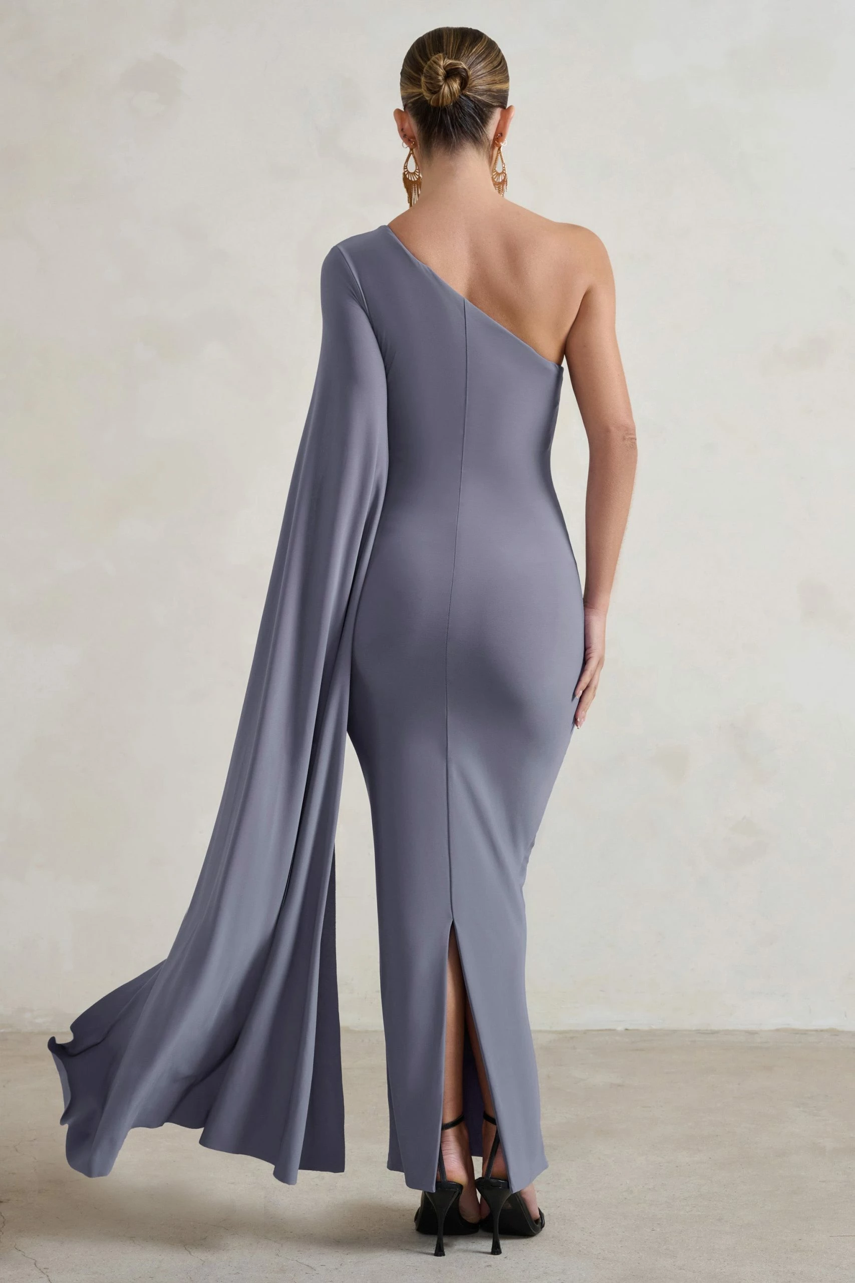 Dominique | Grey One Shoulder Cape Sleeve Bodycon Maxi Dress 4 Dominique | Grey One Shoulder Cape Sleeve Bodycon Maxi Dress - Image 2