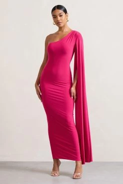 Dominique | Hot Pink One Shoulder Cape Sleeve Bodycon Maxi Dress