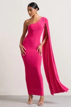Dominique | Hot Pink One Shoulder Cape Sleeve Bodycon Maxi Dress -Dress Shop WB CC HR CL128400073 Dominique HotPinkOneShoulderCapeSleeveBodyconMaxiDress2