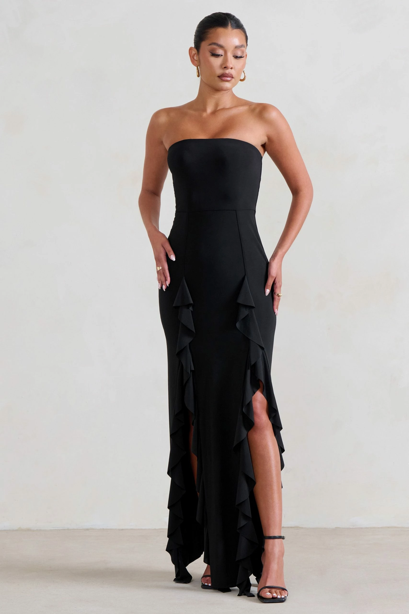 Susan | Black Bandeau Maxi Dress With Ruffled Splits 3 Susan | Black Bandeau Maxi Dress With Ruffled Splits