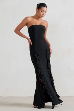 Susan | Black Bandeau Maxi Dress With Ruffled Splits 11 Susan | Black Bandeau Maxi Dress With Ruffled Splits -Dress Shop WB CC HR CL128458 Susan BlackBandeauMaxiDressWithRuffledSplits2