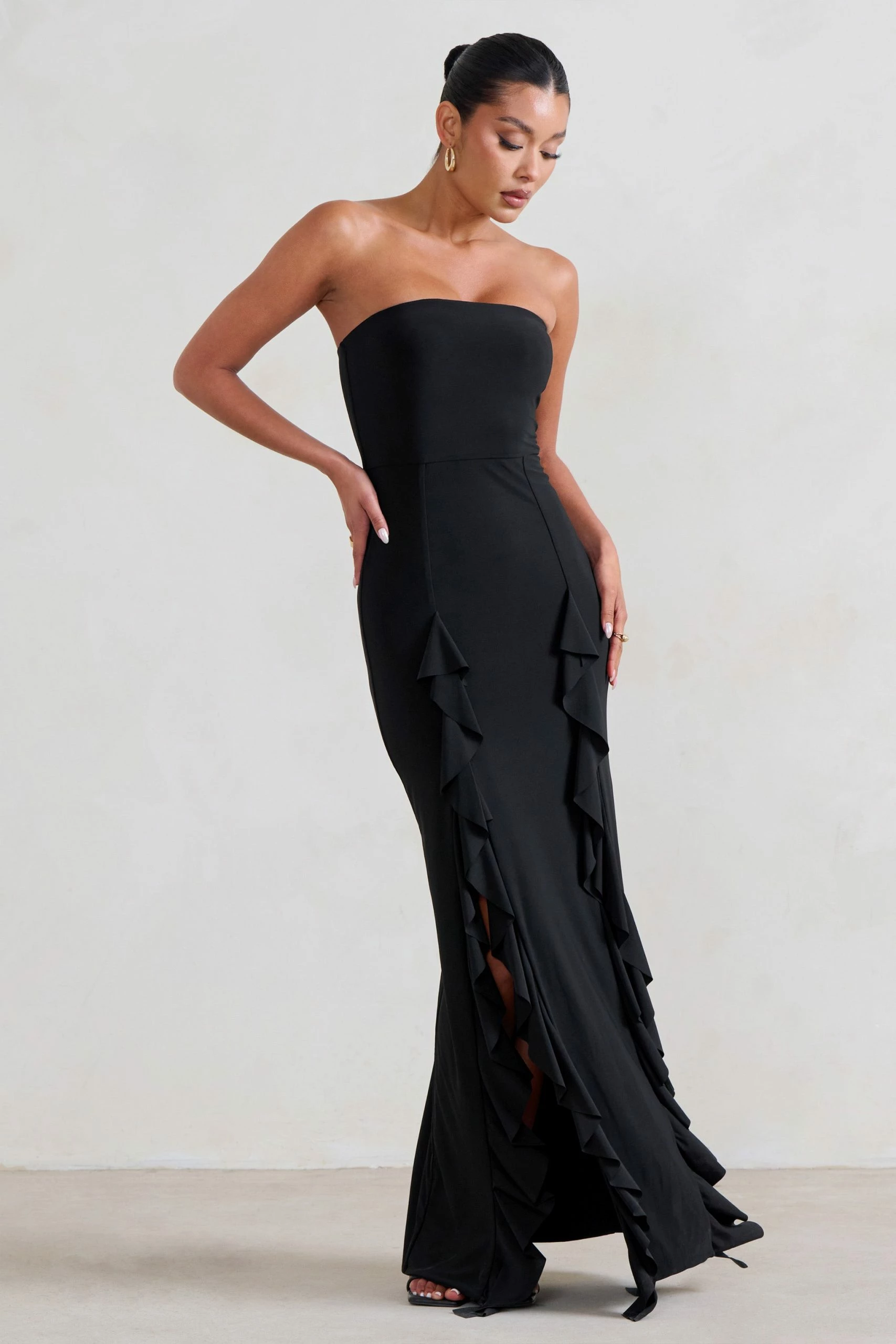 Susan | Black Bandeau Maxi Dress With Ruffled Splits 6 Susan | Black Bandeau Maxi Dress With Ruffled Splits - Image 4