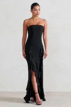 Susan | Black Bandeau Maxi Dress With Ruffled Splits 12 Susan | Black Bandeau Maxi Dress With Ruffled Splits -Dress Shop WB CC HR CL128458 Susan BlackBandeauMaxiDressWithRuffledSplits5
