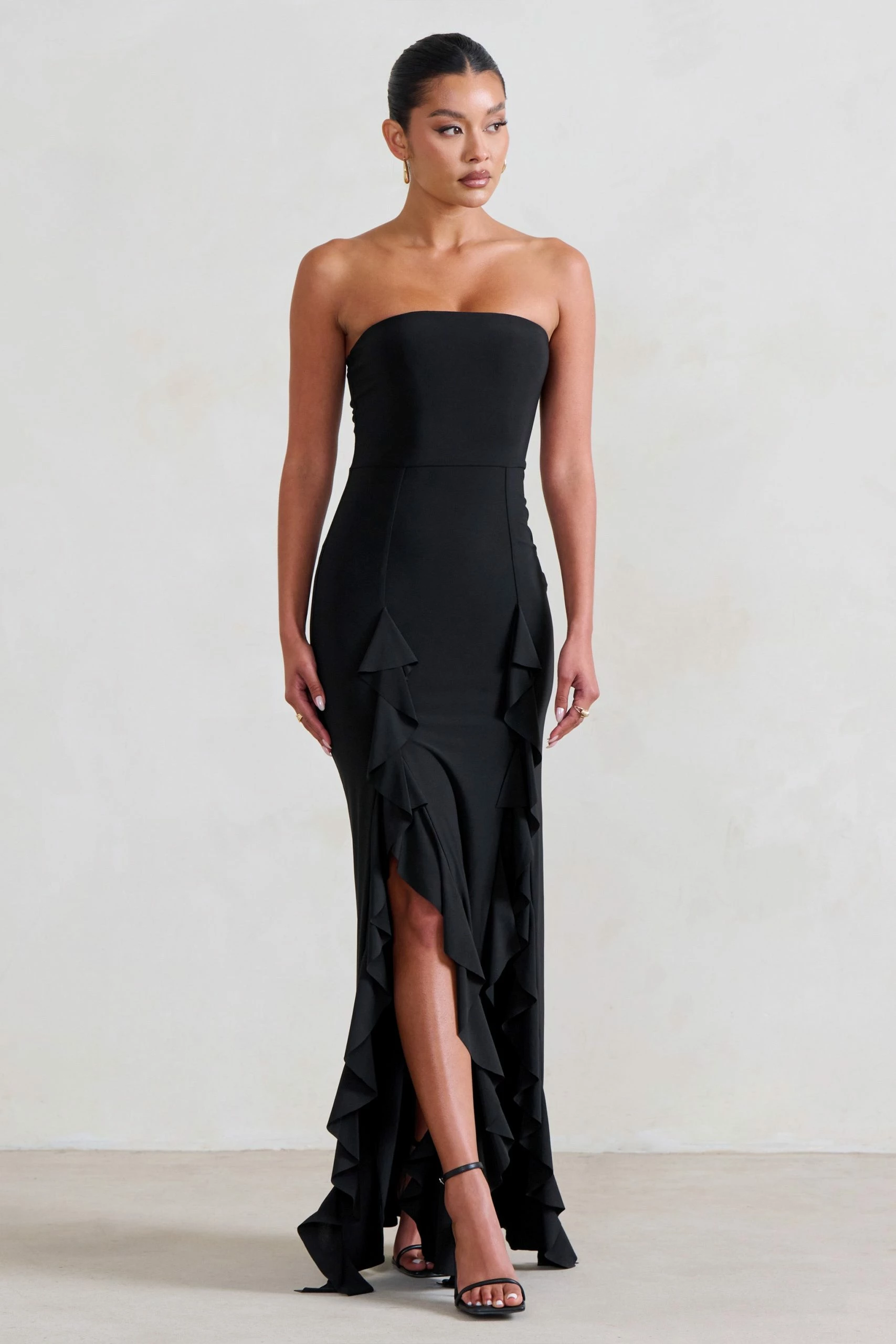 Susan | Black Bandeau Maxi Dress With Ruffled Splits 7 Susan | Black Bandeau Maxi Dress With Ruffled Splits - Image 5