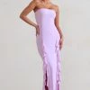 Susan | Lilac Bandeau Maxi Dress With Ruffled Splits -Dress Shop WB CC HR CL128458 Susan DuskGreyBandeauMaxiDressWithRuffledSplits1