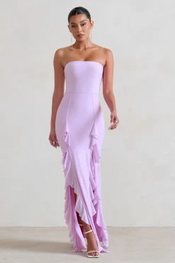 Susan | Lilac Bandeau Maxi Dress With Ruffled Splits 10 Susan | Lilac Bandeau Maxi Dress With Ruffled Splits -Dress Shop WB CC HR CL128458 Susan DuskGreyBandeauMaxiDressWithRuffledSplits3