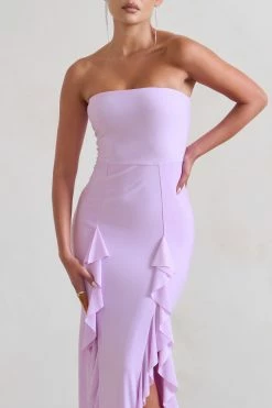 Susan | Lilac Bandeau Maxi Dress With Ruffled Splits 9 Susan | Lilac Bandeau Maxi Dress With Ruffled Splits -Dress Shop WB CC HR CL128458 Susan DuskGreyBandeauMaxiDressWithRuffledSplits4