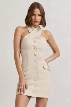 Dani | Stone Halter Neck Tailored Buttoned Bodycon Mini Dress -Dress Shop WB CC HR CL128487032 DaniStoneHalterNeckTailoredButtonedBodyconMiniDress5