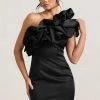 At The Opera | Black Satin Asymmetric Ruffled Mini Dress