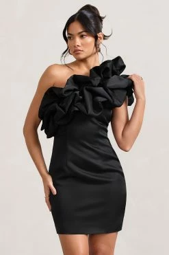 At The Opera | Black Satin Asymmetric Ruffled Mini Dress