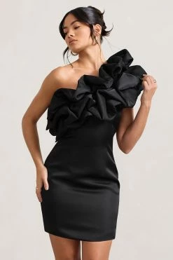 At The Opera | Black Satin Asymmetric Ruffled Mini Dress -Dress Shop WB CC HR CL128710002 AtTheOperaBlackSatinAsymmetricRuffledMiniDress2