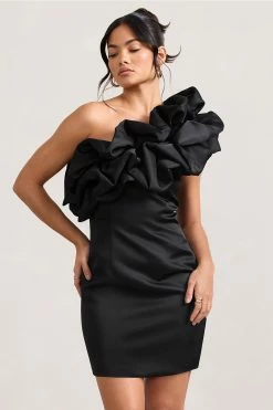 At The Opera | Black Satin Asymmetric Ruffled Mini Dress -Dress Shop WB CC HR CL128710002 AtTheOperaBlackSatinAsymmetricRuffledMiniDress3
