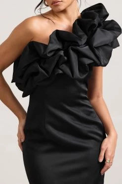 At The Opera | Black Satin Asymmetric Ruffled Mini Dress -Dress Shop WB CC HR CL128710002 AtTheOperaBlackSatinAsymmetricRuffledMiniDress4