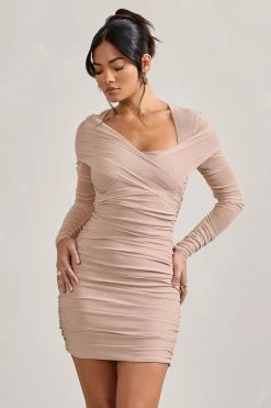 Sparks Fly | Nude Ruched Mesh Long-Sleeved Bodycon Mini Dress -Dress Shop WB CC HR CL128825059 SparksFly ChampagneRuchedMeshLong SleevedBodyconMiniDress2