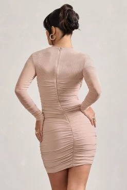Sparks Fly | Nude Ruched Mesh Long-Sleeved Bodycon Mini Dress -Dress Shop WB CC HR CL128825059 SparksFly ChampagneRuchedMeshLong SleevedBodyconMiniDress5