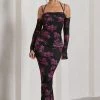 Jessie | Black Floral Print Strappy Long-Sleeved Bodycon Maxi Dress -Dress Shop WB CC HR CL128860115 JessieBlackFloralPrintStrappyLong SleevedBodyconMidiDress0