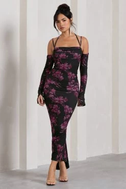 Jessie | Black Floral Print Strappy Long-Sleeved Bodycon Maxi Dress