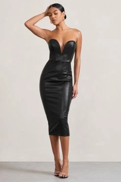 Hailey | Black Faux Leather Strapless Sweetheart Corset Midi Dress -Dress Shop WB CC HR CL128894002 HaileyBlackStraplessSweetheartCorsetMidiDress0