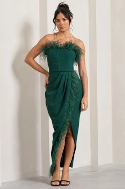 Cosmo | Bottle Green Bandeau Feather Corset Split Maxi Dress -Dress Shop WB CC HR CL129242047 CosmoBottleGreenBandeauFeatherCorsetSplitMaxiDress0 d3909f9b 29a1 42f8 a13d 95564183b54d