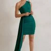 Charlie | Bottle Green One Shoulder Ruched Mini Dress With Statement Drape -Dress Shop WB CC HR CL129320 CharlieBottleGreenOneShoulderRuchedMiniDressWithStatementDrape0
