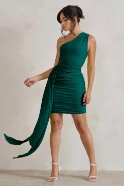Charlie | Bottle Green One Shoulder Ruched Mini Dress With Statement Drape -Dress Shop WB CC HR CL129320 CharlieBottleGreenOneShoulderRuchedMiniDressWithStatementDrape2